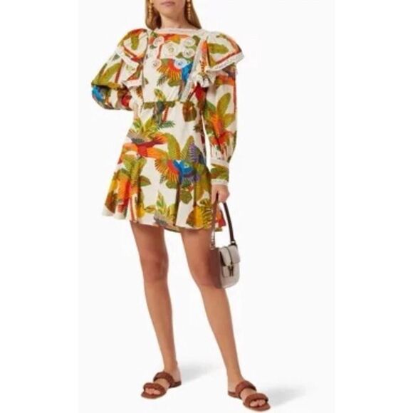 Farm Rio Tropical Birds Mini Dress Small Boho Ruffle Sleeve 100% Cotton - Picture 13 of 13